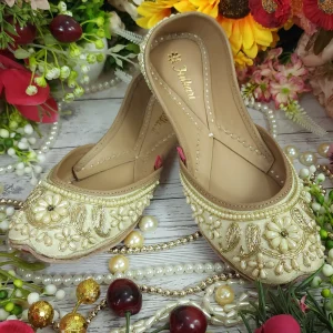 aster flower leather embroidered juttis beige gold