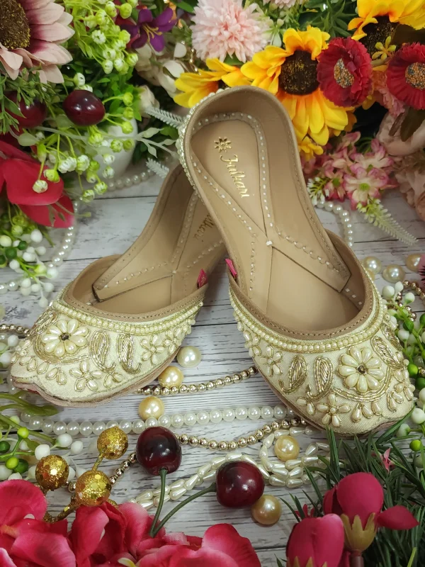 aster flower leather embroidered juttis beige gold